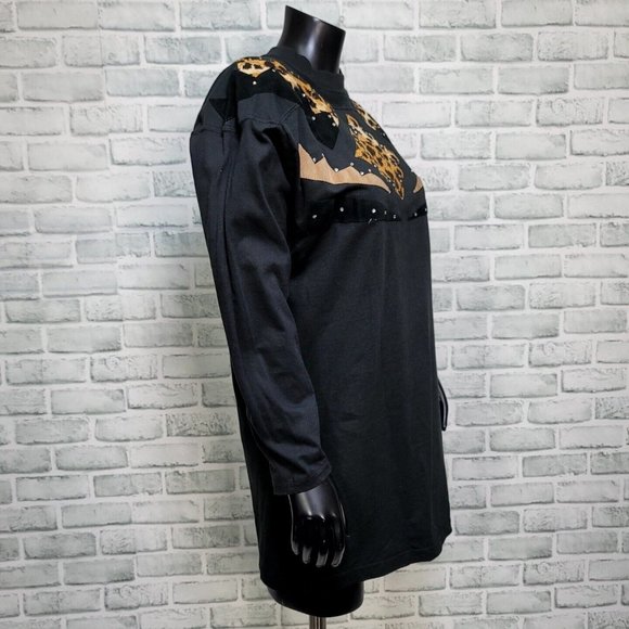 Vintage 80s Womens M Black Dolman Sleeve Side Slit Tunic Tee Animal Applique - Picture 7 of 8